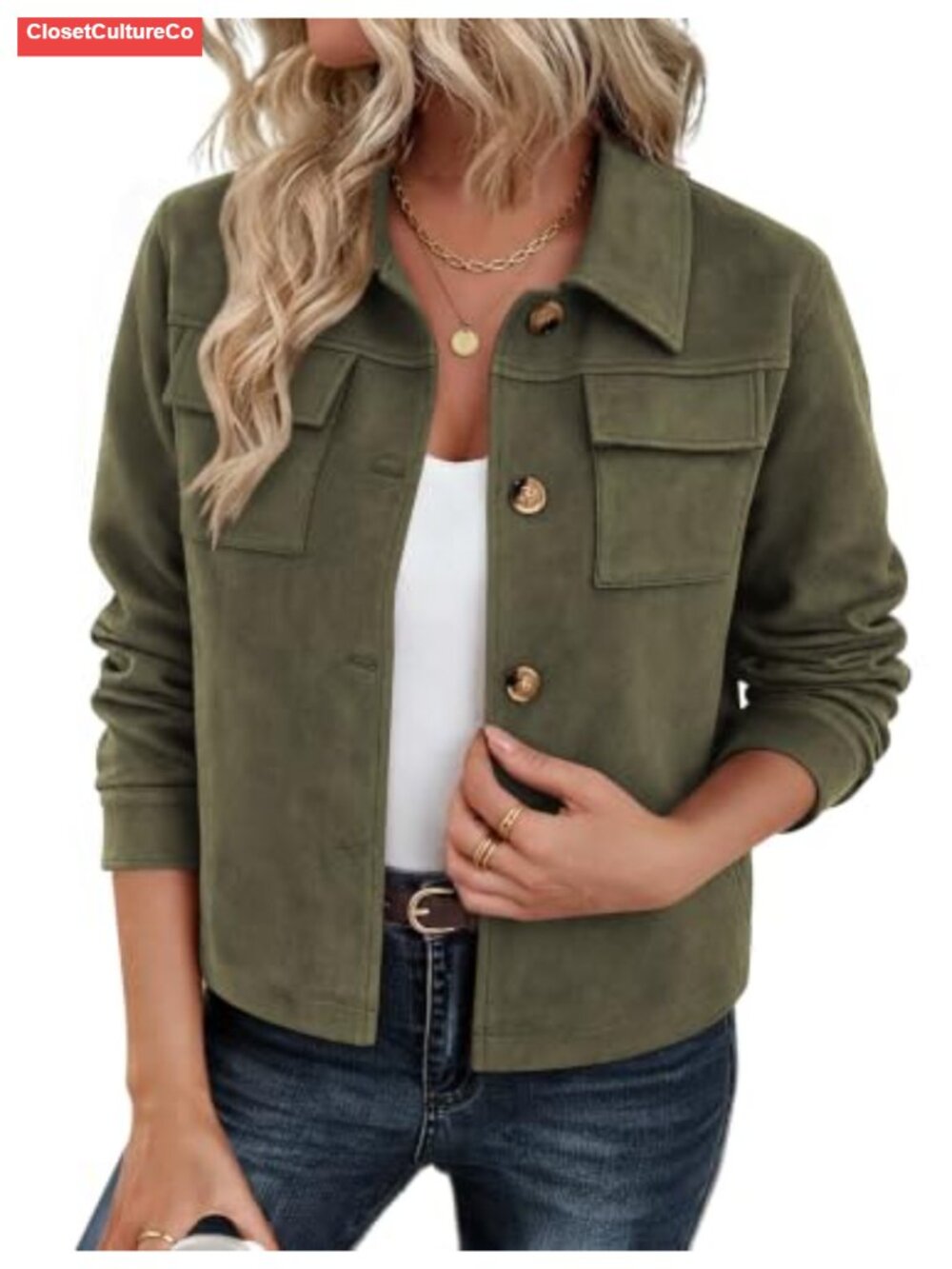 Faux Suede Cropped Shacket Button Up Collared Casual Jacket